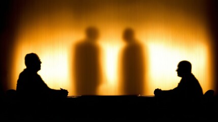 Fototapeta premium Two silhouetted individuals seated at a table engaged in a meeting or discussion,