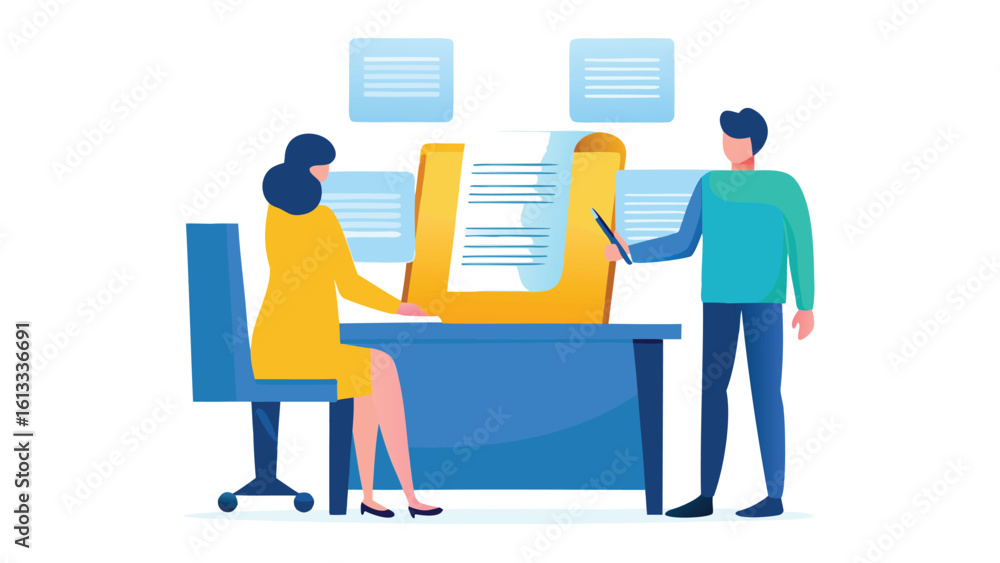 Poster illustration of two people in an office setting reviewing documents on a desk with file folders