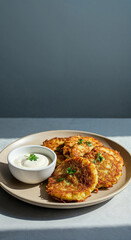 Potato Pancakes with Herbs and Cream on Rustic Plate