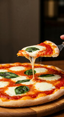 Margherita Pizza Slice with Melting Cheese and Basil
