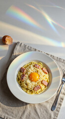 Italian Spaghetti Carbonara with Soft Light and Egg Yolk
