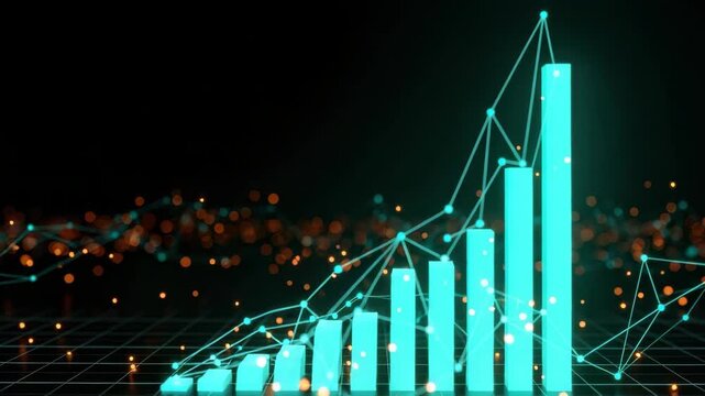A futuristic digital representation of a rising bar graph showcasing growth and progress with glowing connecting lines and a dark background filled with shimmering particles ideal for financial or tec