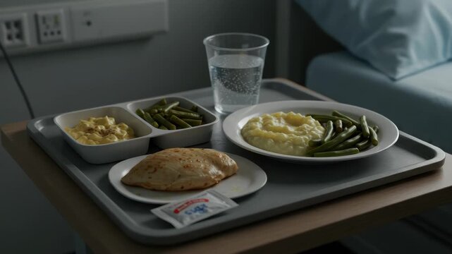 Hospital Meal Still Life: Bland Food Tray with Mashed Potatoes and Green Beans in a Dimly Lit Room