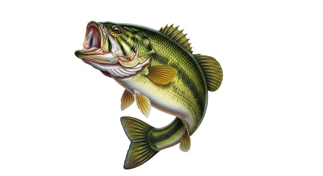 A large green and yellow striped largemouth bass fish leaping out of the water with its mouth open isolated on transparent background