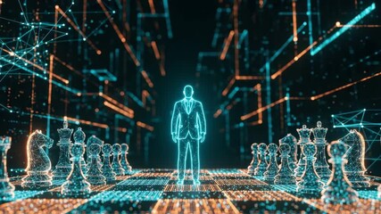 A futuristic scene depicting a holographic businessman standing confidently on a digital chessboard surrounded by glowing chess pieces representing strategy and innovation in a tech-driven environment - Powered by Adobe