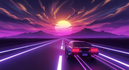 A retro-futuristic scene featuring a car driving on a neon-lit highway towards a vibrant sunset with mountains in the background.