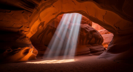 Dramatic light shafts illuminate the textured sandstone walls of a desert cave (1)