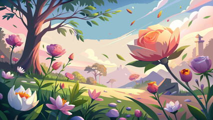 The stunning elegance of a floral sanctuary blooms in soft sunlight, where petals sway gently in the breeze. A semi-realistic vector style reveals nature’s quiet grace and color.