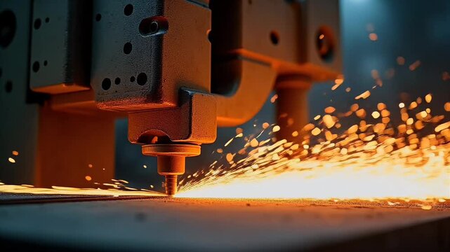 Sparks ricochet every direction industrial cutting head shears steel each fiery particle captured cinematic slow motion K clarity machine&rsquo;s gleaming silhouette dominates foreground while blurred shop