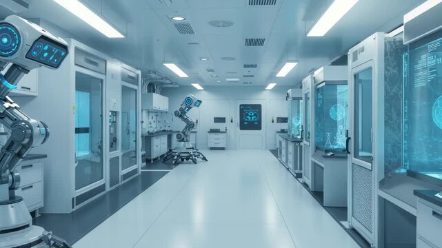 Futuristic Research Facility with Robotic Arms, High-Tech Equipment and sterile environment