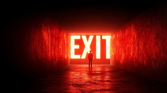 A dimly lit corridor with red walls leads to a bright red EXIT sign, a silhouette walks towards it,