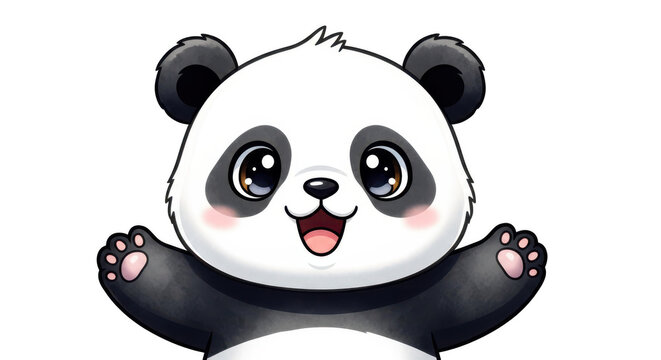 Adorable cartoon baby panda bear with big eyes and open mouth waving paws isolated on transparent background