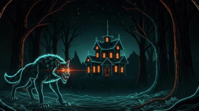 A glowing wolf with piercing eyes stands menacingly in a dark forest while a haunted house with illuminated windows looms in the background creating an eerie atmosphere