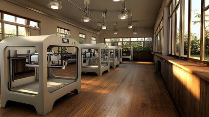 Modern 3D printing lab in a light-filled room, featuring multiple 3D printers.  Wooden floors and large windows let in natural light