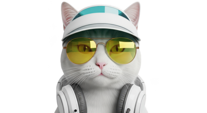 Cool white cat wearing stylish yellow sunglasses and a white baseball cap with headphones around its neck isolated on transparent background