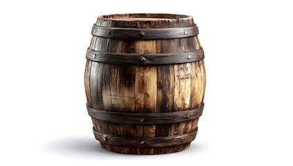 Obraz premium Elegant Wooden Wine Barrel on Stand, Perfect for Restaurant or Winery Stock. This high-quality, studio shot showcases a beautiful wooden wine barrel resting on a simple wooden stand.