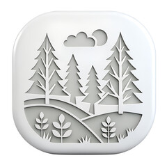 Obraz premium A stylized forest scene with trees, hills, and a cloud under the sun, presented in a clean design isolated on transparent background