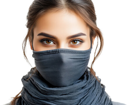 Woman wearing face mask urban portrait closeup isolated on transparent background, png