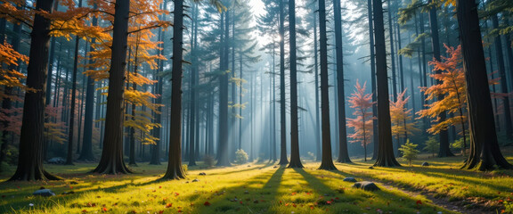 Sunbeams pierce a misty autumn forest, illuminating vibrant foliage and tall, slender trees.  A serene, magical atmosphere pervades the scene.