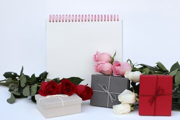 Empty blank sheet, place for text, postcard, roses of different colors, day, free space,