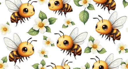 Cute cartoon bee with delicate white flowers and green leaves in a repeating pattern on a transparent background isolated on transparent background