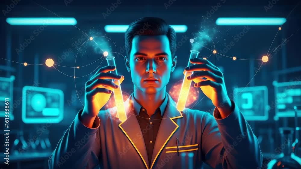 Poster a focused scientist in a futuristic lab holding glowing test tubes filled with colorful liquid surro