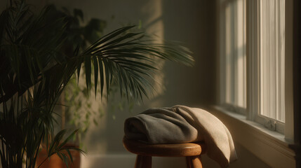 cozy scene featuring twisted blanket draped over stool near window