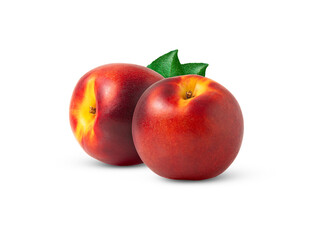 Fresh nectarine peach with green leaf isolated. Two ripe nectarine peaches with leaves cut out.