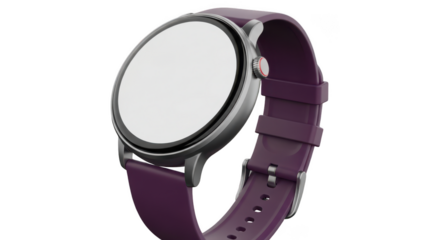Modern smart watch with a round blank white screen and a deep purple silicone strap isolated on transparent background