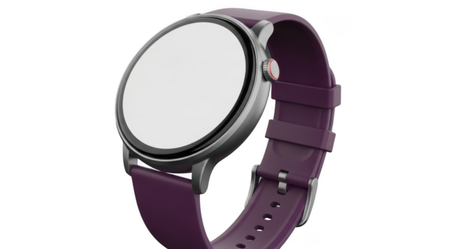 Modern smart watch with a round blank white screen and a deep purple silicone strap isolated on transparent background
