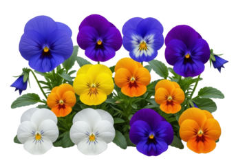 Vibrant blue, purple, yellow, orange, white viola flowers with green leaves and detailed centers, arranged on a clean white background with copy space, ultra realistic UHD, high angle. Concept of