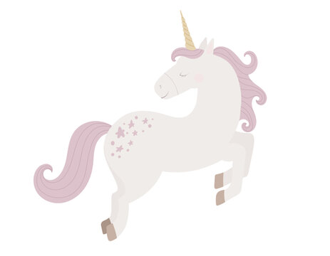 Vector illustration of cute Unicorn with pastel pink mane and golden horn for Baby shower greeting cards or newborn party invitations. Art of little fairytale Horse or pony for girl nursery poster.