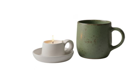 A lit white candle in a small ceramic holder sits beside a tall green ceramic mug on a dark background isolated on transparent background