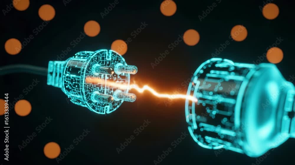 Poster a futuristic depiction of a glowing electric plug connecting to a socket with vibrant sparks and an 
