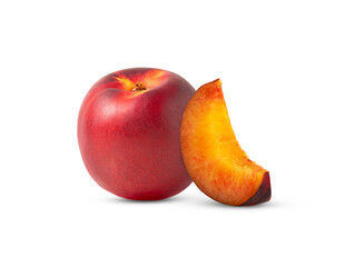 Whole ripe nectarine peach and cut in a slice isolated.