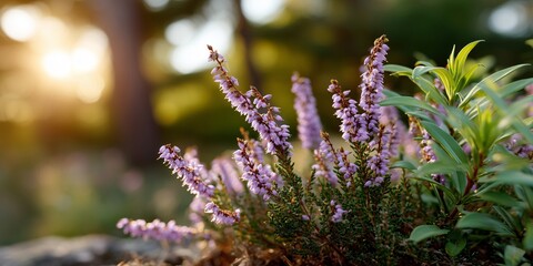 Obraz premium wild purple heather flowers in a natural meadow during golden hour sunset background