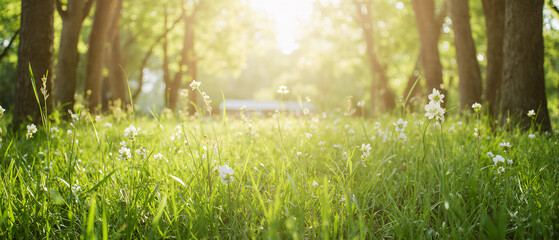 A fresh spring sunny garden background of green grass and blurred foliage bokeh.