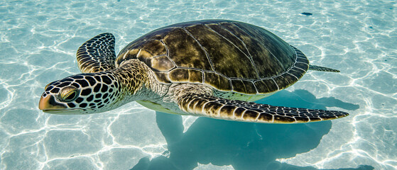 A green sea turtle glides through warm, sunny waters, showcasing its vibrant colors and patterns.