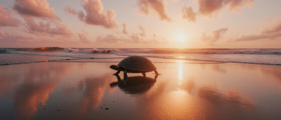 A tiny turtle crawls across the sandy shore towards the waves, glistening in sunset light.