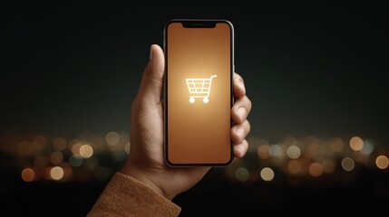 mobile payment integration concept. Hand holding smartphone with shopping cart icon against a blurred background.