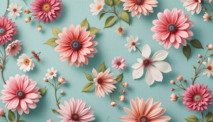 seamless background with flowers on light green denim