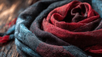 Fototapeta premium Vegan-friendly gift ideas. Soft, textured scarf in shades of red and black, elegantly draped on a wooden surface.