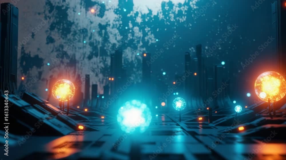Poster a vibrant digital landscape featuring floating orbs of light amidst towering structures set against 