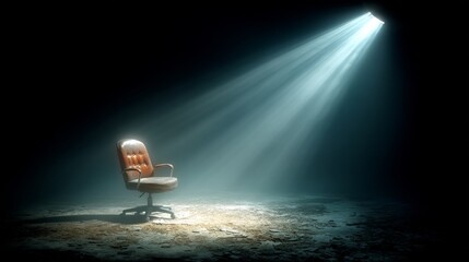 A solitary leather chair with armrests and tufted design sits in a dimly lit room,