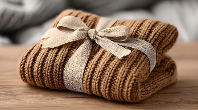 Knitted garment gift-wrapped on a wooden surface.