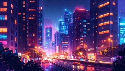 Obraz premium Nighttime city skyline with glowing windows and streetlights