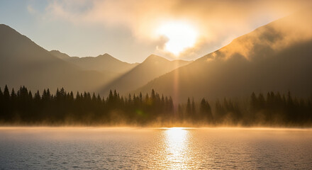 Golden sunrise over misty lake with silhouetted mountains and evergreen trees