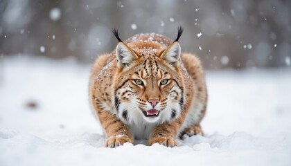 Lynx crouching in snow preparing to pounce