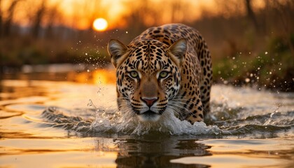 Jaguar crossing shallow river in twilight