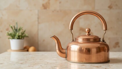 Vintage copper kettle on beige countertop 
